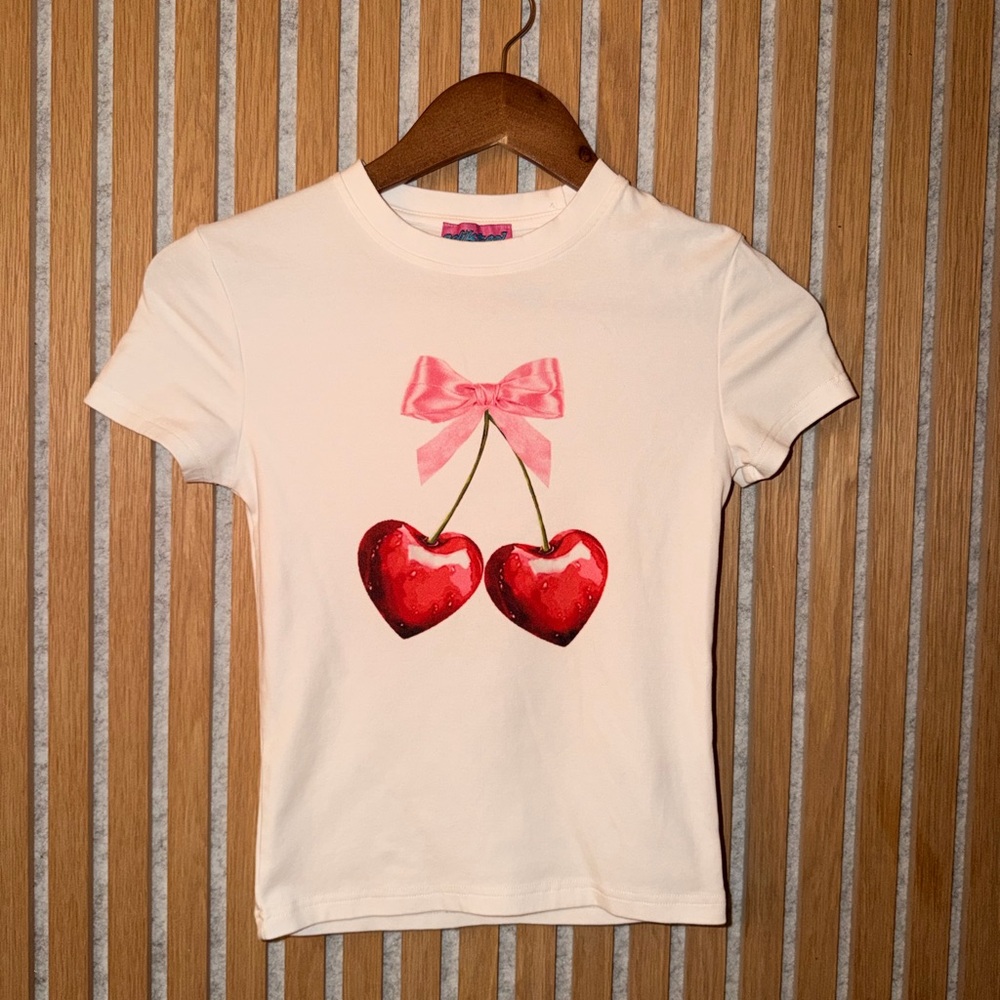 Edikted White Shirt with Red cherry Heart Design